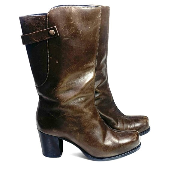 & Other Stories Brown Leather Mid-Calf Heeled Boots Size EU41 US10/10.5 - Picture 1 of 8